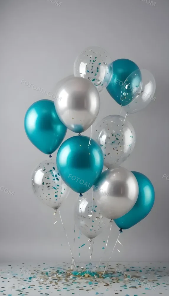 A Group Of Silver And Teal Balloons With Confetti Inside Floating Against A Gray Background 91 65e7