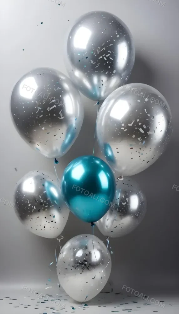 A Group Of Silver And Teal Balloons With Confetti Inside Floating Against A Gray Background 93 3ceb