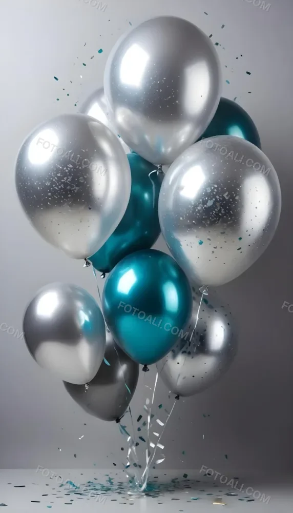 A Group Of Silver And Teal Balloons With Confetti Inside Floating Against A Gray Background 94 04de