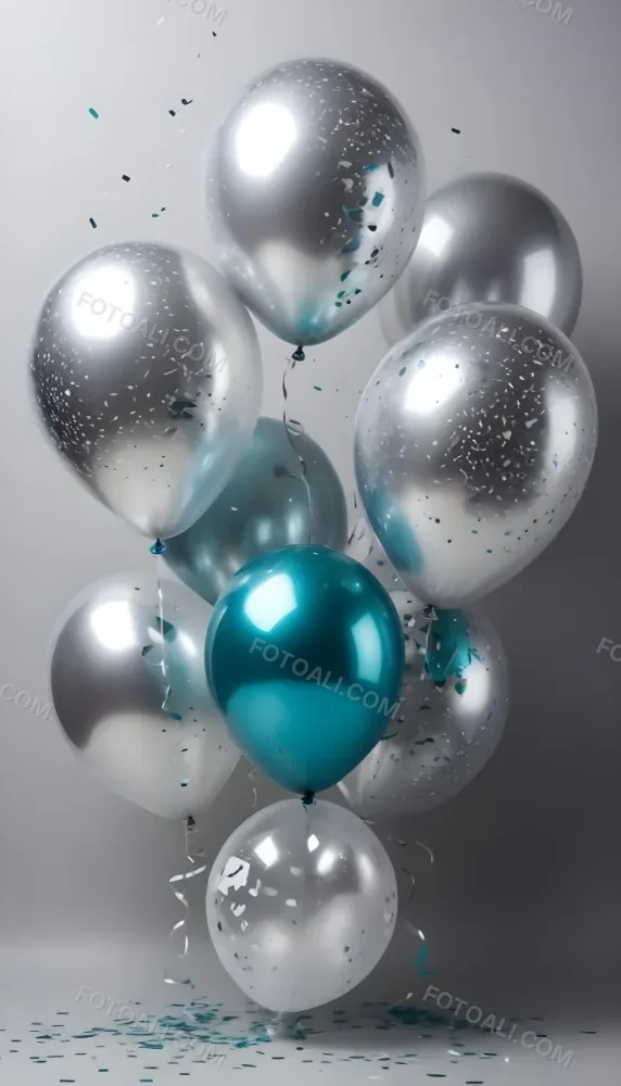 A Group Of Silver And Teal Balloons With Confetti Inside Floating Against A Gray Background 96 3aa4
