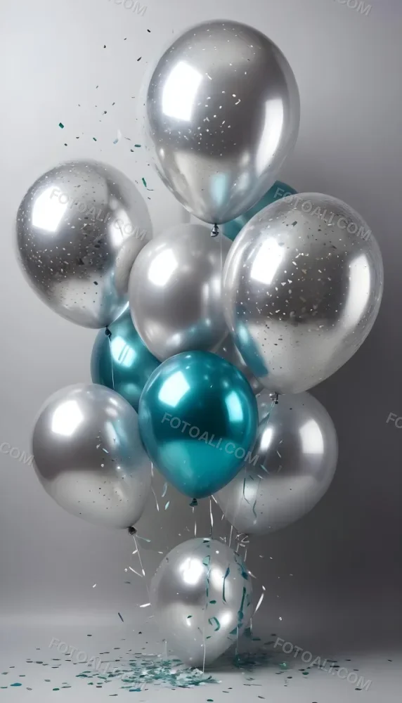 A Group Of Silver And Teal Balloons With Confetti Inside Floating Against A Gray Background 97 6f40