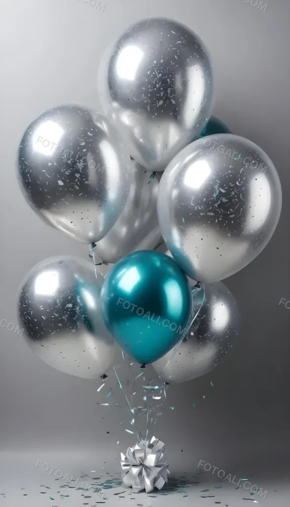 A Group Of Silver And Teal Balloons With Confetti Inside Floating Against A Gray Background 98 3316