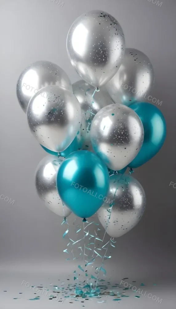 A Group Of Silver And Teal Balloons With Confetti Inside Floating Against A Gray Background 99 0ba1