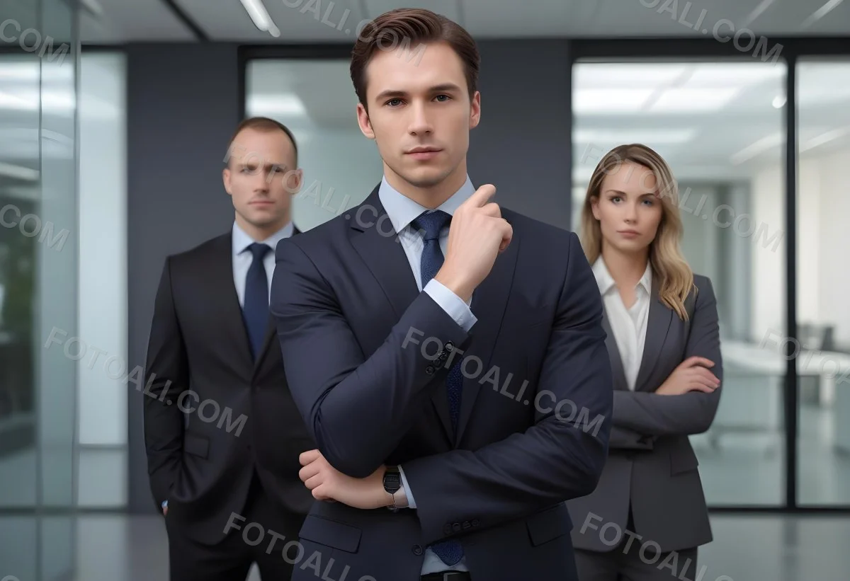 A Group Of Three Business Professionals In A Modern Office Setting The Main Subject Is A Young Caucasian Male Around 30 Years Old Wearing A Dark Suit And A Tie Standing Confidently With His Hand On His Chin Behin 3 1c4e