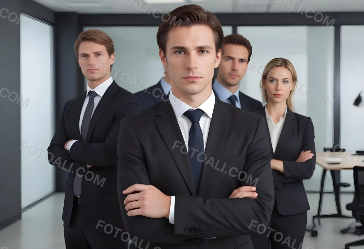 A Group Of Three Business Professionals In A Modern Office Setting The Main Subject Is A Young Caucasian Male Around 30 Years Old Wearing A Dark Suit And A Tie Standing Confidently With His Hand On His Chin Behin 4 E53f