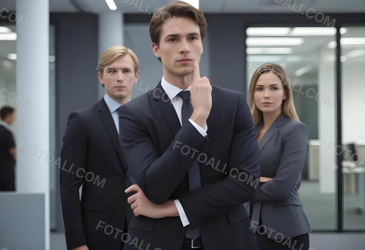 A Group Of Three Business Professionals In A Modern Office Setting The Main Subject Is A Young Caucasian Male Around 30 Years Old Wearing A Dark Suit And A Tie Standing Confidently With His Hand On His Chin Behin 5 5c6f