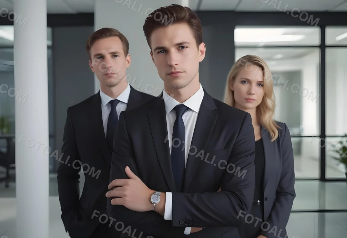 A Group Of Three Business Professionals In A Modern Office Setting The Main Subject Is A Young Caucasian Male Around 30 Years Old Wearing A Dark Suit And A Tie Standing Confidently With His Hand On His Chin Behind 1 F38a
