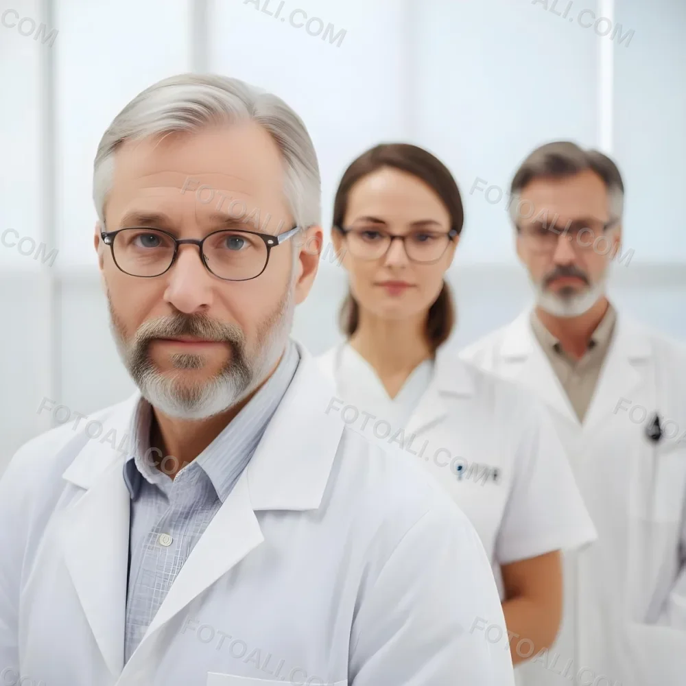 A Group Of Three Medical Professionals The Foreground Features A Young Caucasian Woman With A Beard And Glasses Wearing A White Lab Coat Behind Him There Is A Middle Aged Caucasian Woman In A White Uniform And An M 4 9ffc