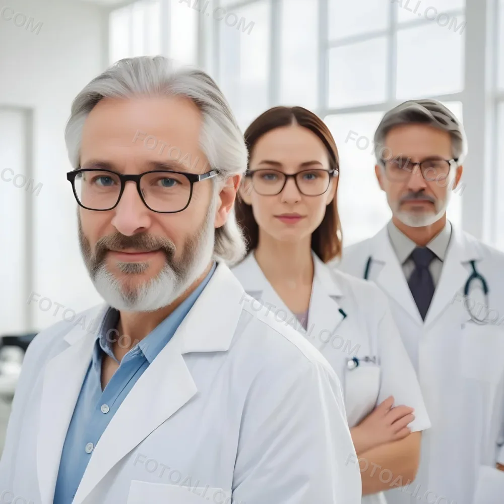 A Group Of Three Medical Professionals The Foreground Features A Young Caucasian Woman With A Beard And Glasses Wearing A White Lab Coat Behind Him There Is A Middle Aged Caucasian Woman In A White Uniform And An M 5 2e7d