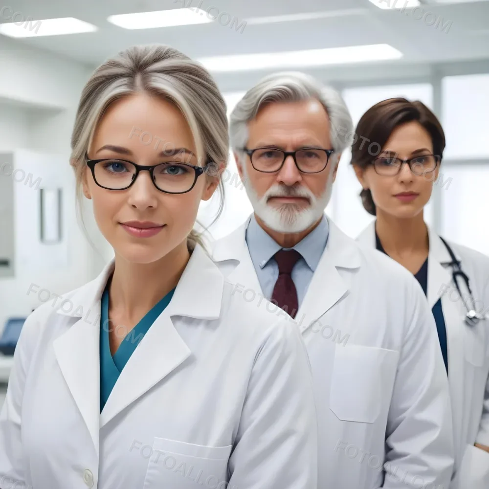 A Group Of Three Medical Professionals The Foreground Features A Young Caucasian Woman With A Beard And Glasses Wearing A White Lab Coat Behind Him There Is A Middle Aged Caucasian Woman In A White Uniform And An M 6 987c