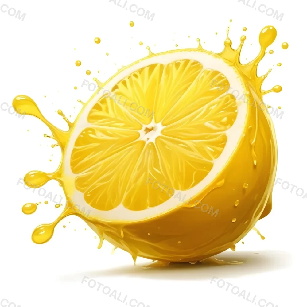 A Half Of A Lemon With Juice Splashing Out Yellow Color Smooth Texture White Background Vibrant Colors Refreshing Juicy And Visually Appealing 57 B50c