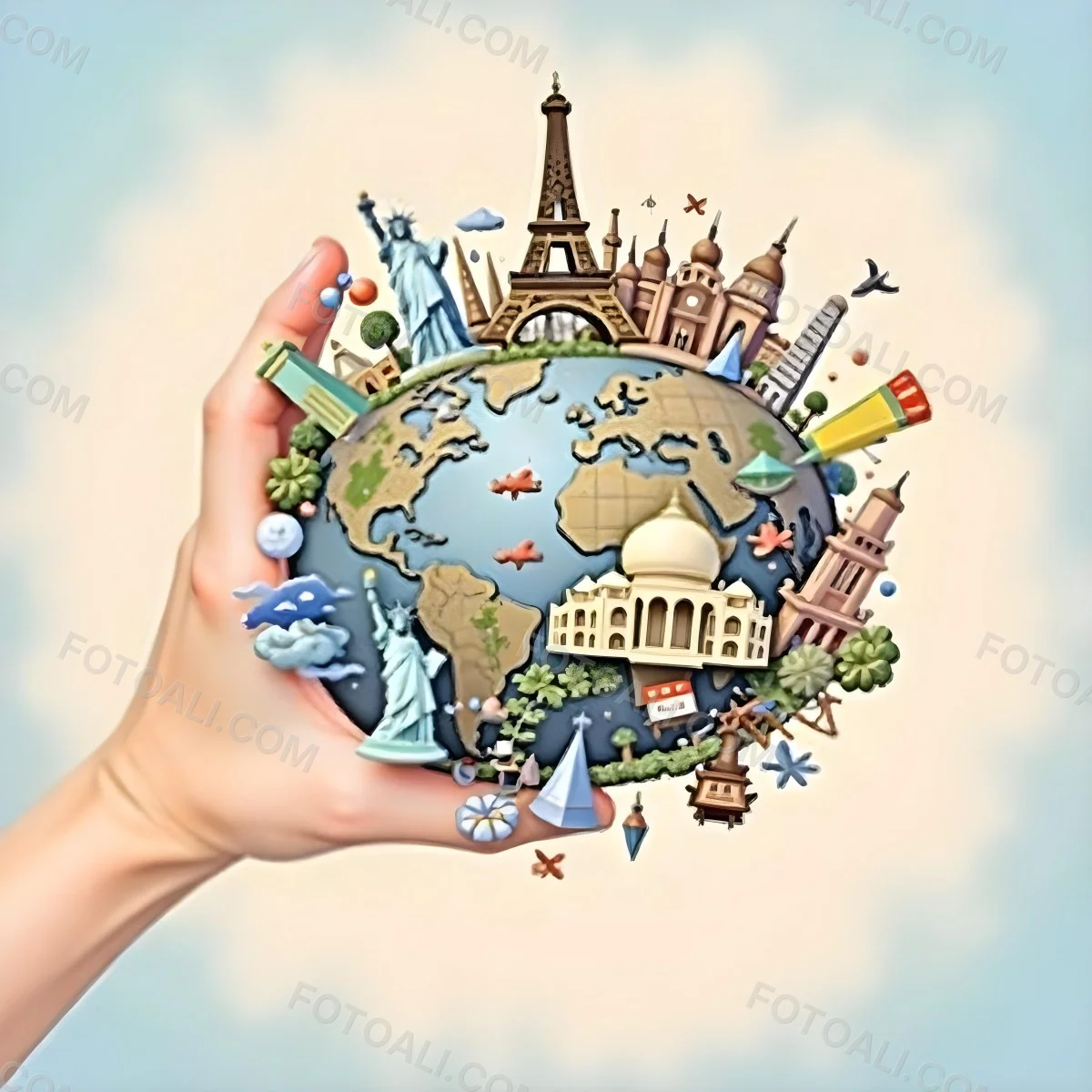 A Hand Holding A Globe Made Of Famous Landmarks Including The Eiffel Tower The Statue Of Liberty And The Taj Mahal With A Light Blue Background 12 B7e8