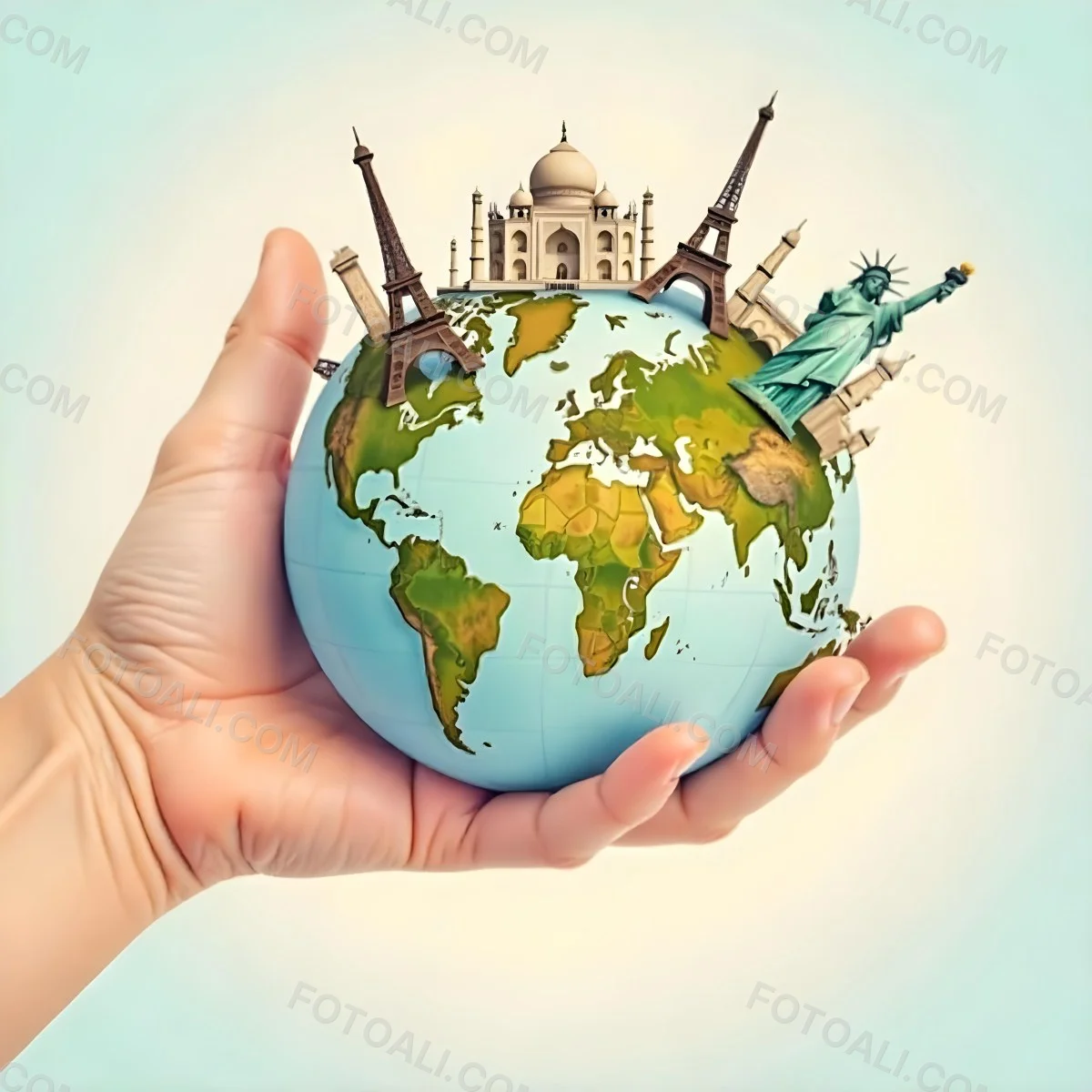 A Hand Holding A Globe Made Of Famous Landmarks Including The Eiffel Tower The Statue Of Liberty And The Taj Mahal With A Light Blue Background 16 2e4c