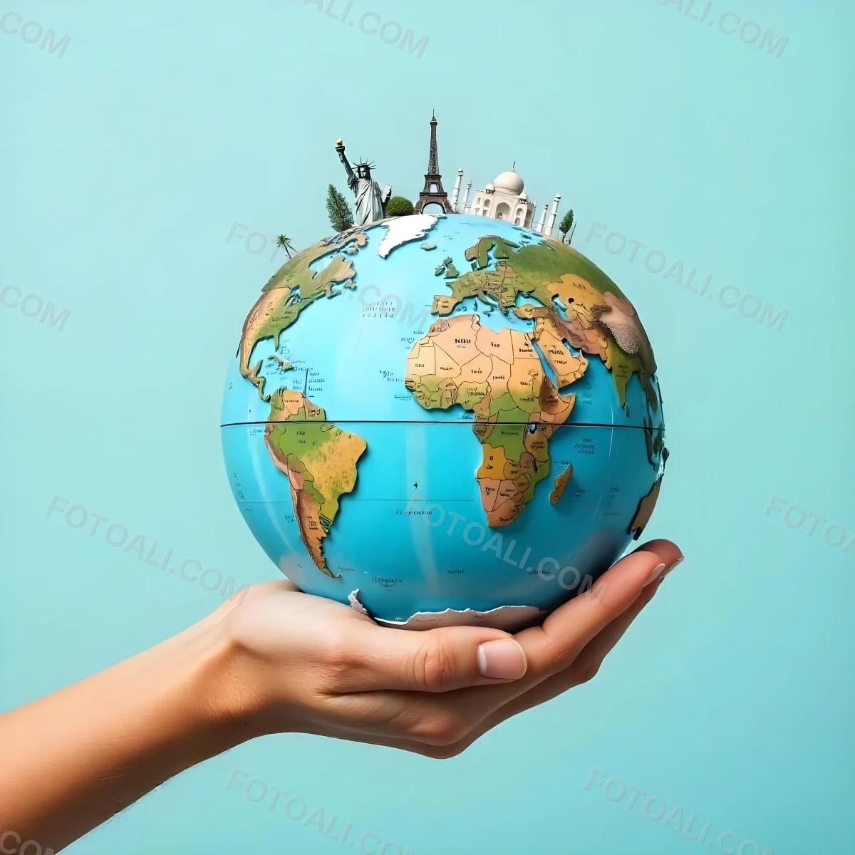 A Hand Holding A Globe Made Of Famous Landmarks Including The Eiffel Tower The Statue Of Liberty And The Taj Mahal With A Light Blue Background 25 73c7