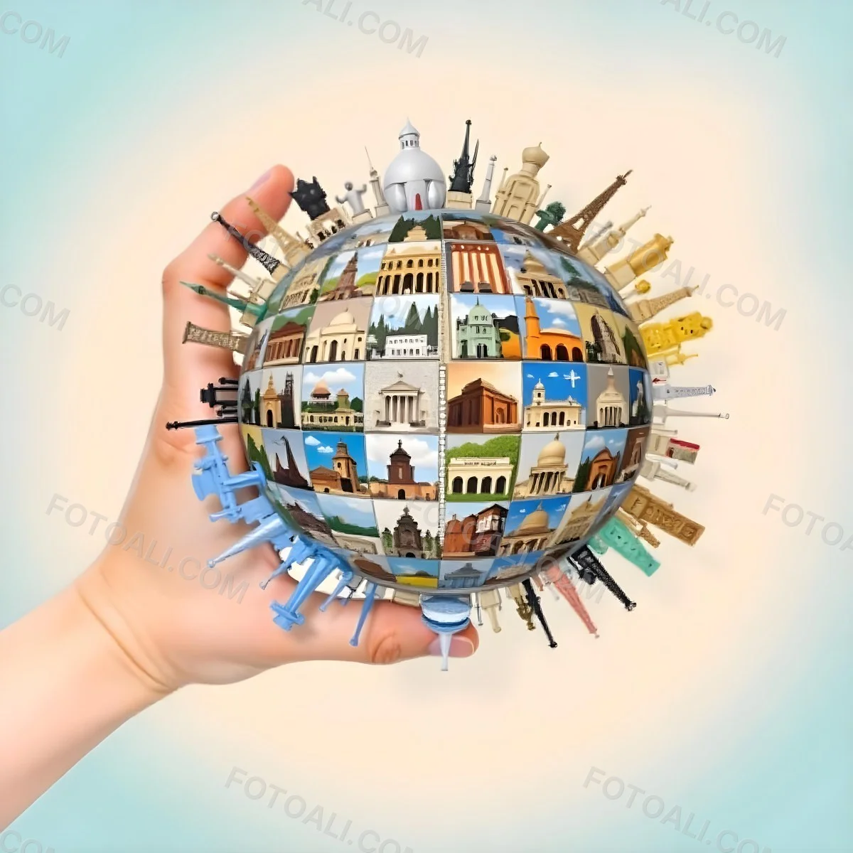 A Hand Holding A Globe Made Of Famous Landmarks Including The Eiffel Tower The Statue Of Liberty And The Taj Mahal With A Light Blue Background 30 450c