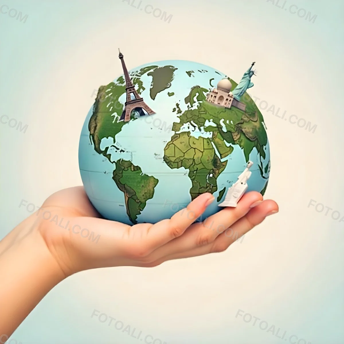A Hand Holding A Globe Made Of Famous Landmarks Including The Eiffel Tower The Statue Of Liberty And The Taj Mahal With A Light Blue Background 34 6502