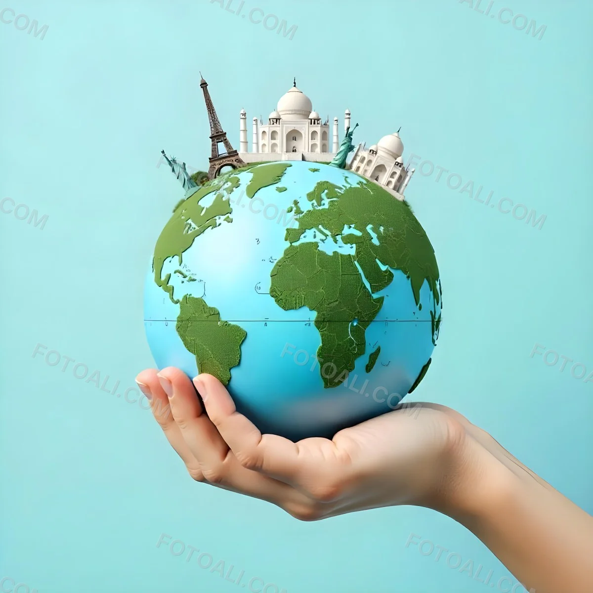 A Hand Holding A Globe Made Of Famous Landmarks Including The Eiffel Tower The Statue Of Liberty And The Taj Mahal With A Light Blue Background 43 3f1f
