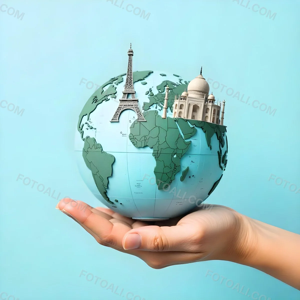 A Hand Holding A Globe Made Of Famous Landmarks Including The Eiffel Tower The Statue Of Liberty And The Taj Mahal With A Light Blue Background 48 Af75