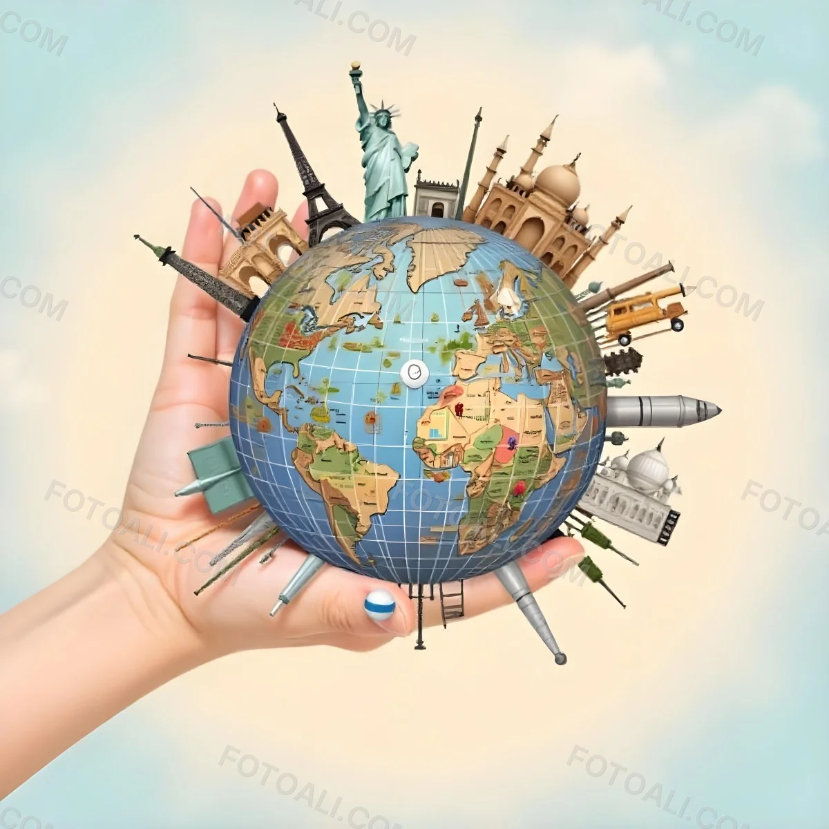 A Hand Holding A Globe Made Of Famous Landmarks Including The Eiffel Tower The Statue Of Liberty And The Taj Mahal With A Light Blue Background 50 4c0f