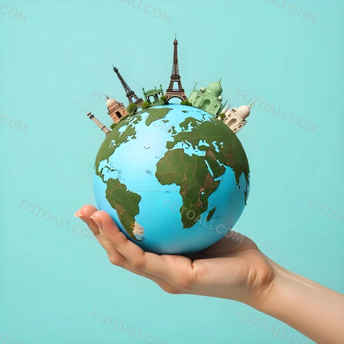 A Hand Holding A Globe Made Of Famous Landmarks Including The Eiffel Tower The Statue Of Liberty And The Taj Mahal With A Light Blue Background 53 8ad8