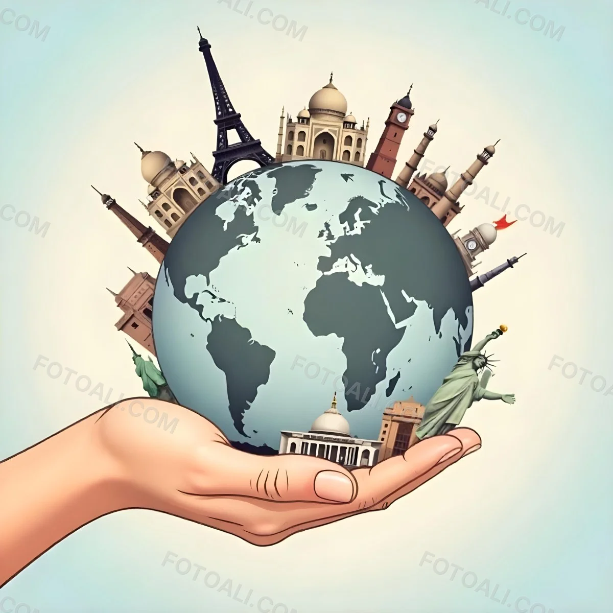 A Hand Holding A Globe Made Of Famous Landmarks Including The Eiffel Tower The Statue Of Liberty And The Taj Mahal With A Light Blue Background 54 2cc9
