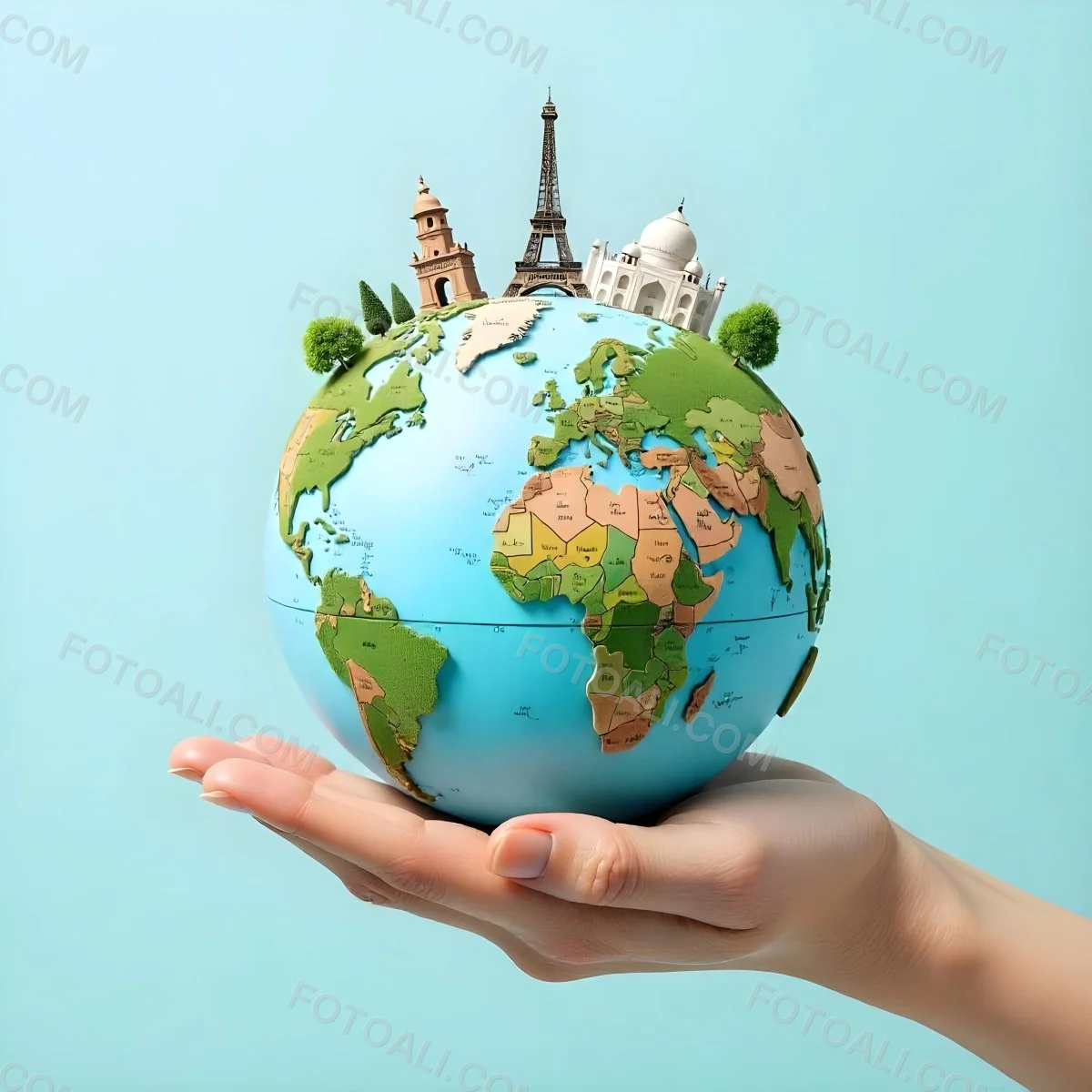 A Hand Holding A Globe Made Of Famous Landmarks Including The Eiffel Tower The Statue Of Liberty And The Taj Mahal With A Light Blue Background 7 F39d