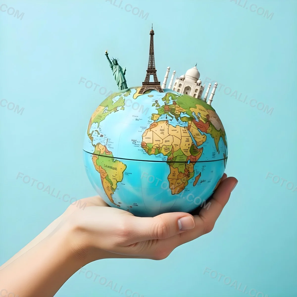 A Hand Holding A Globe Made Of Famous Landmarks Including The Eiffel Tower The Statue Of Liberty And The Taj Mahal With A Light Blue Background 9 867e