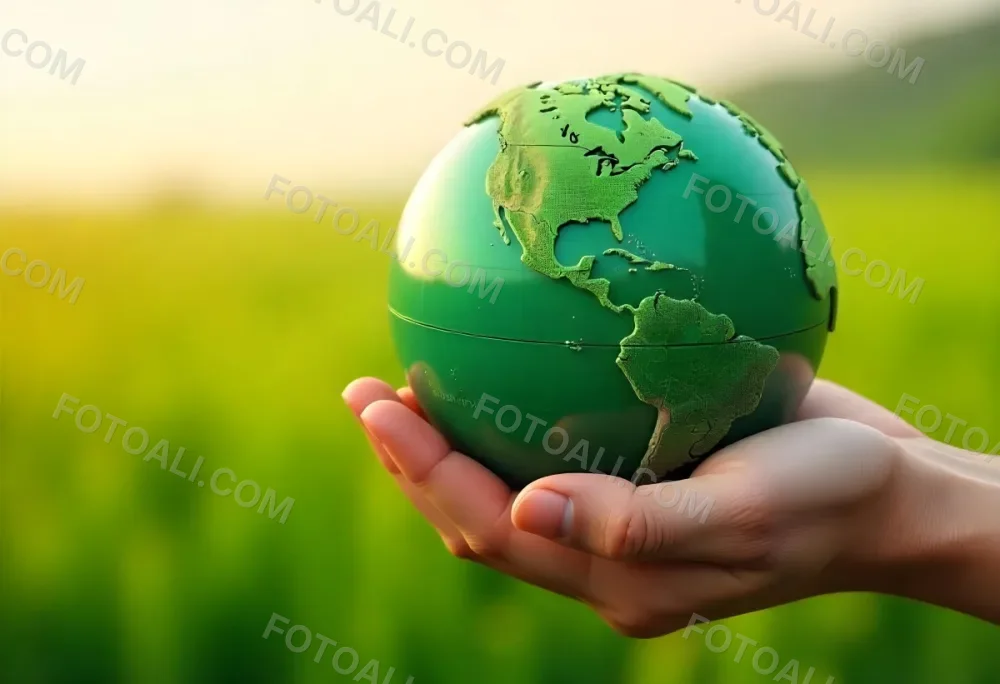 A Hand Holding A Green Earth Globe The Globe Shows The American Continent In The Background A Blurred Green And Yellow Field 1 9268