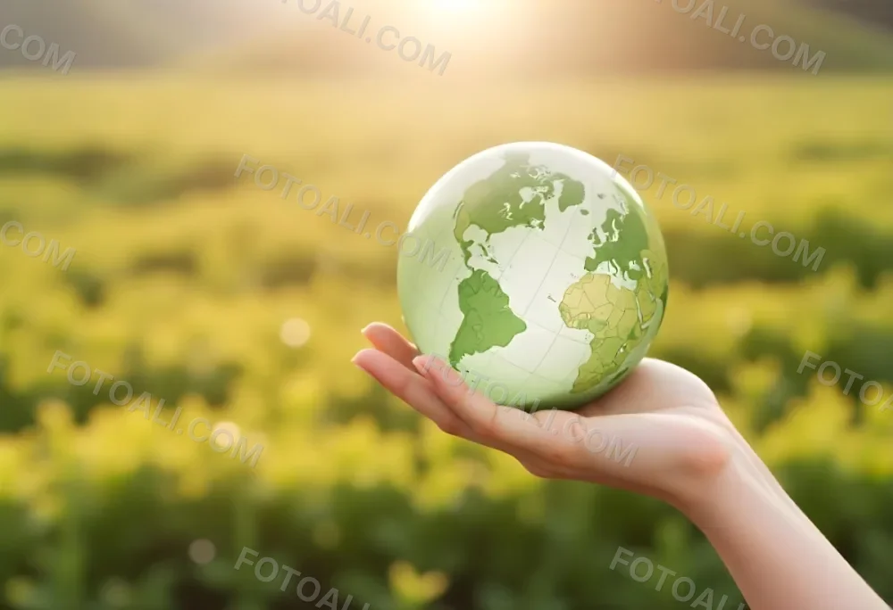 A Hand Holding A Green Earth Globe The Globe Shows The American Continent In The Background A Blurred Green And Yellow Field 12 7234