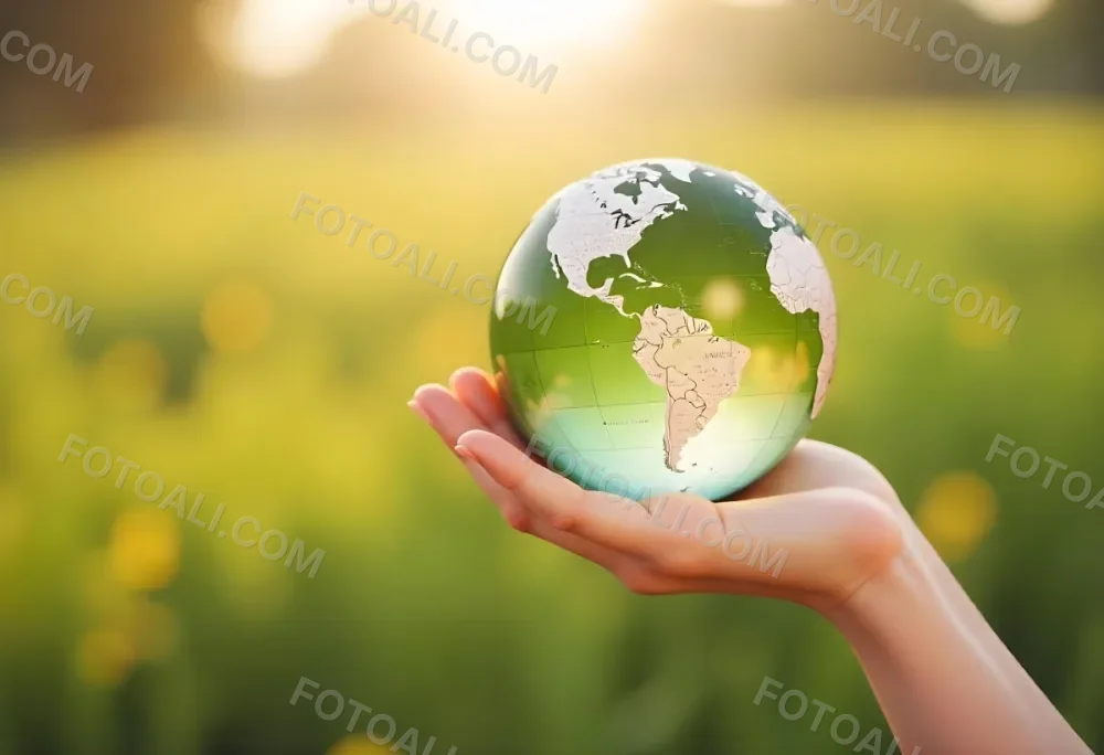 A Hand Holding A Green Earth Globe The Globe Shows The American Continent In The Background A Blurred Green And Yellow Field 13 5c1b