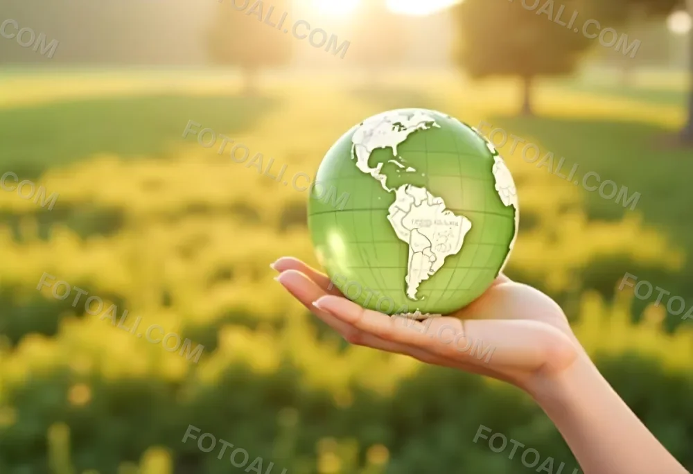 A Hand Holding A Green Earth Globe The Globe Shows The American Continent In The Background A Blurred Green And Yellow Field 14 B24a