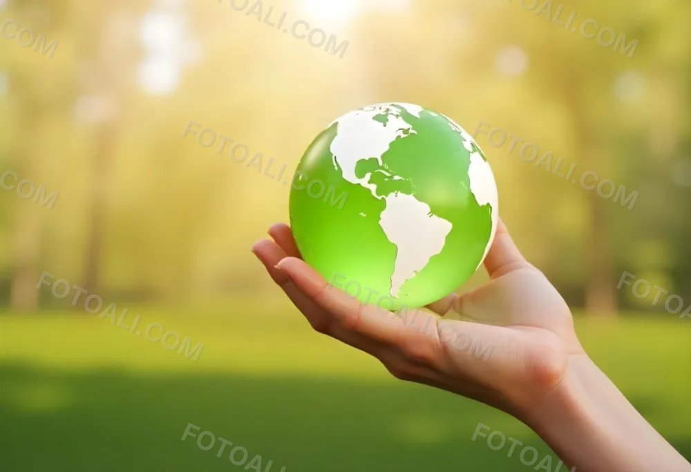 A Hand Holding A Green Earth Globe The Globe Shows The American Continent In The Background A Blurred Green And Yellow Field 15 83b5
