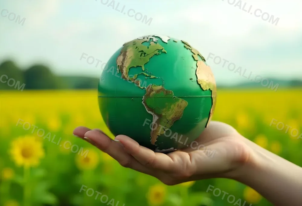 A Hand Holding A Green Earth Globe The Globe Shows The American Continent In The Background A Blurred Green And Yellow Field 2 C837