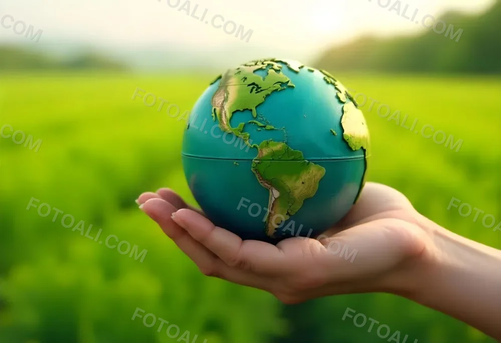 A Hand Holding A Green Earth Globe The Globe Shows The American Continent In The Background A Blurred Green And Yellow Field 3 0dcd