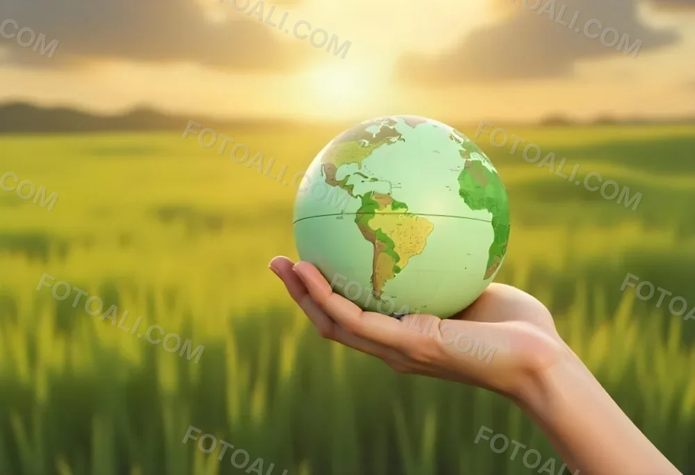 A Hand Holding A Green Earth Globe The Globe Shows The American Continent In The Background A Blurred Green And Yellow Field 4 A33a