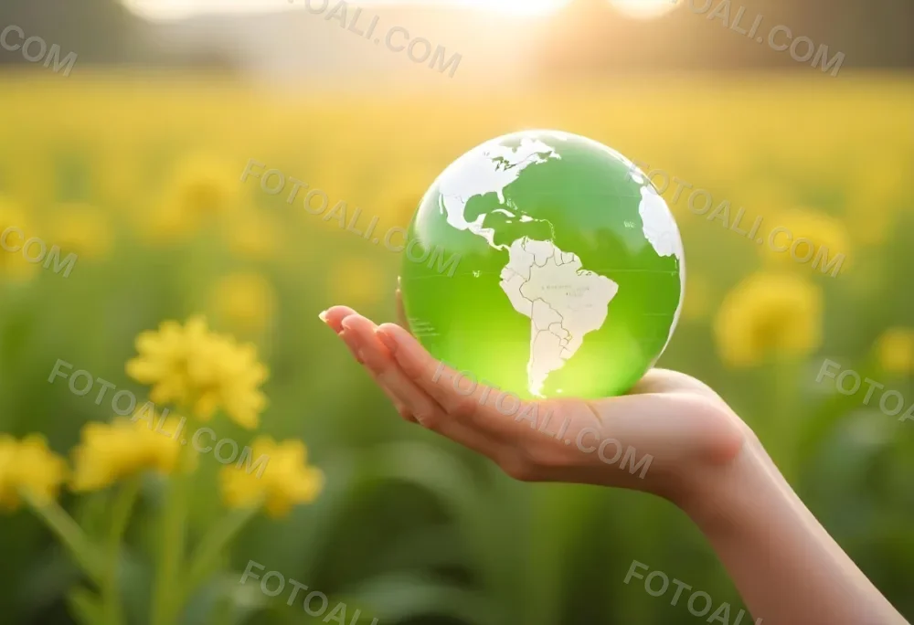 A Hand Holding A Green Earth Globe The Globe Shows The American Continent In The Background A Blurred Green And Yellow Field 5 48f1