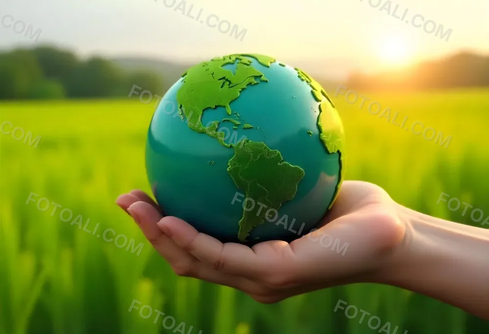 A Hand Holding A Green Earth Globe The Globe Shows The American Continent In The Background A Blurred Green And Yellow Field 6 4463
