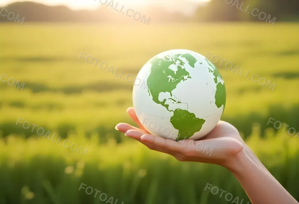 A Hand Holding A Green Earth Globe The Globe Shows The American Continent In The Background A Blurred Green And Yellow Field 9 E8c0