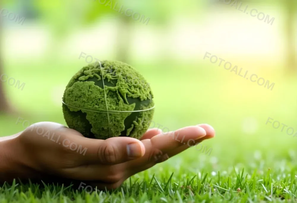 A Hand Holding A Green Earth Globe With Grass Texture In A Green Grass Background 1 A640