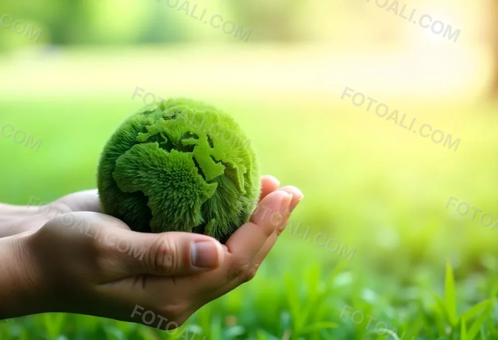 A Hand Holding A Green Earth Globe With Grass Texture In A Green Grass Background 10 4731