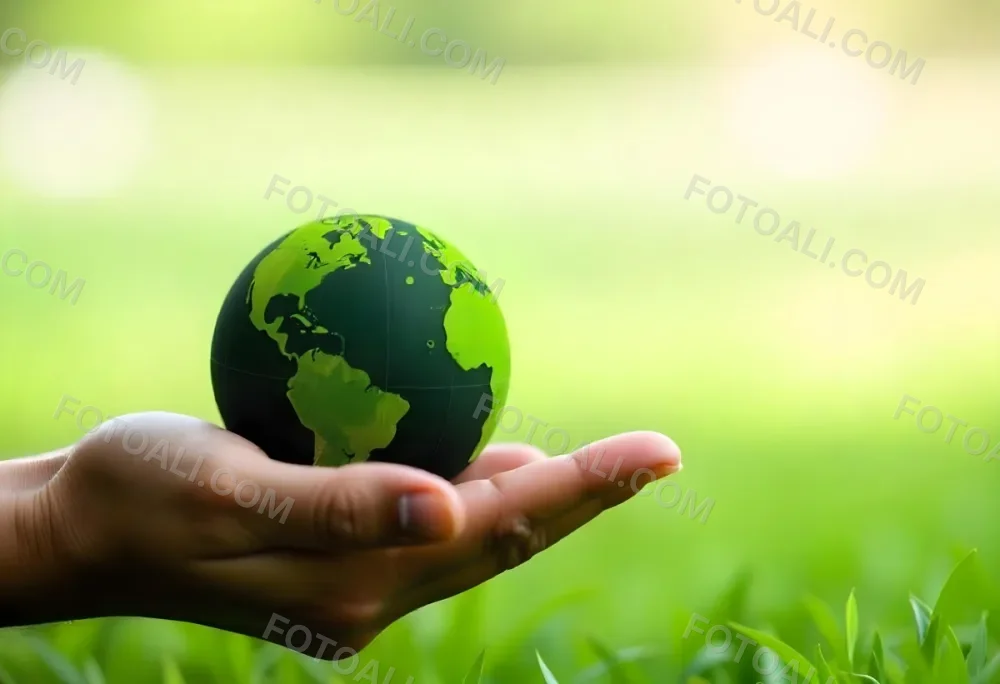 A Hand Holding A Green Earth Globe With Grass Texture In A Green Grass Background 14 Deae