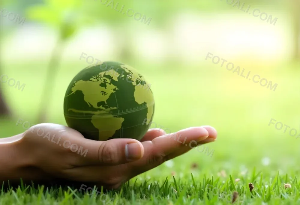 A Hand Holding A Green Earth Globe With Grass Texture In A Green Grass Background 20 Fb9a