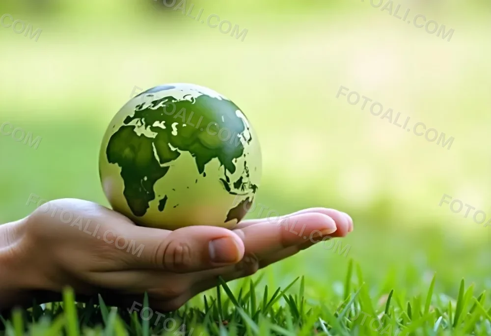 A Hand Holding A Green Earth Globe With Grass Texture In A Green Grass Background 34 41ea