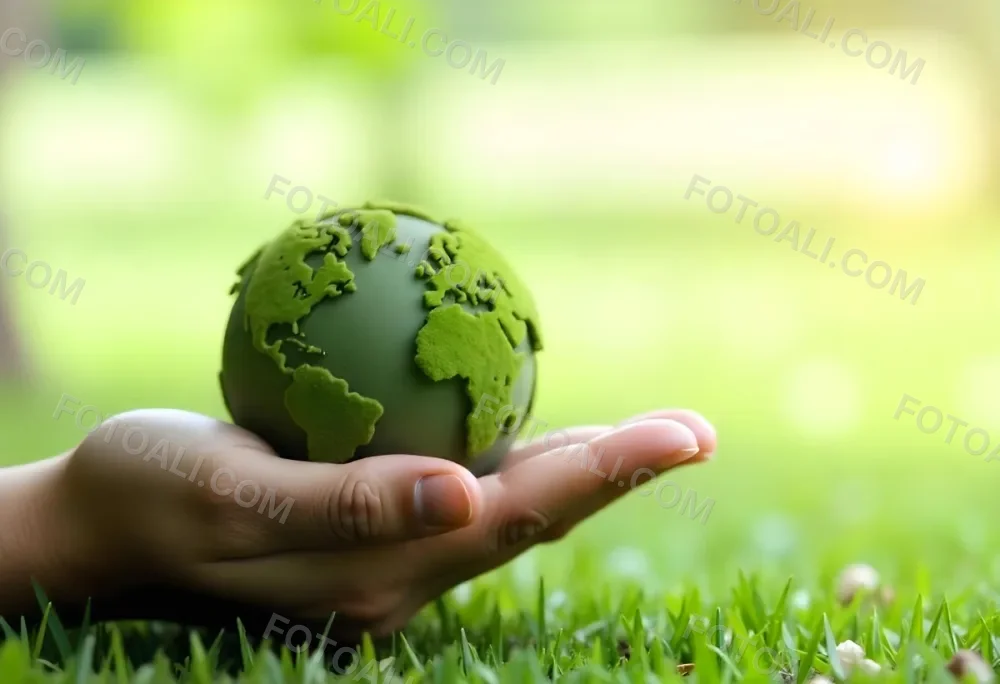 A Hand Holding A Green Earth Globe With Grass Texture In A Green Grass Background 9 3474