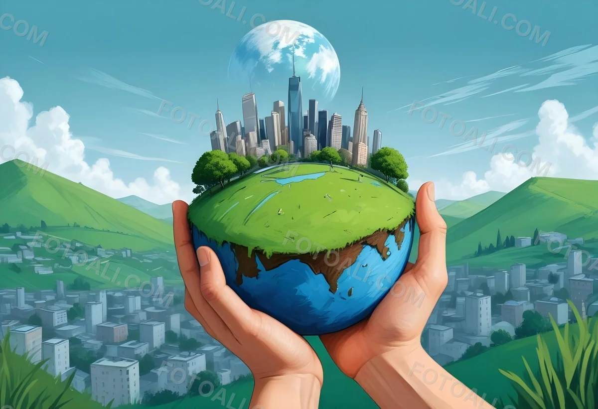 A Hand Holding A Half Earth With A City On Top In A Green Field With A Blue Sky And Some Drawings 1 Fb84