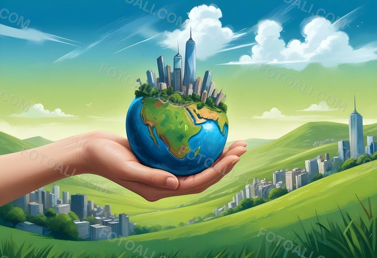 A Hand Holding A Half Earth With A City On Top In A Green Field With A Blue Sky And Some Drawings 2 C468