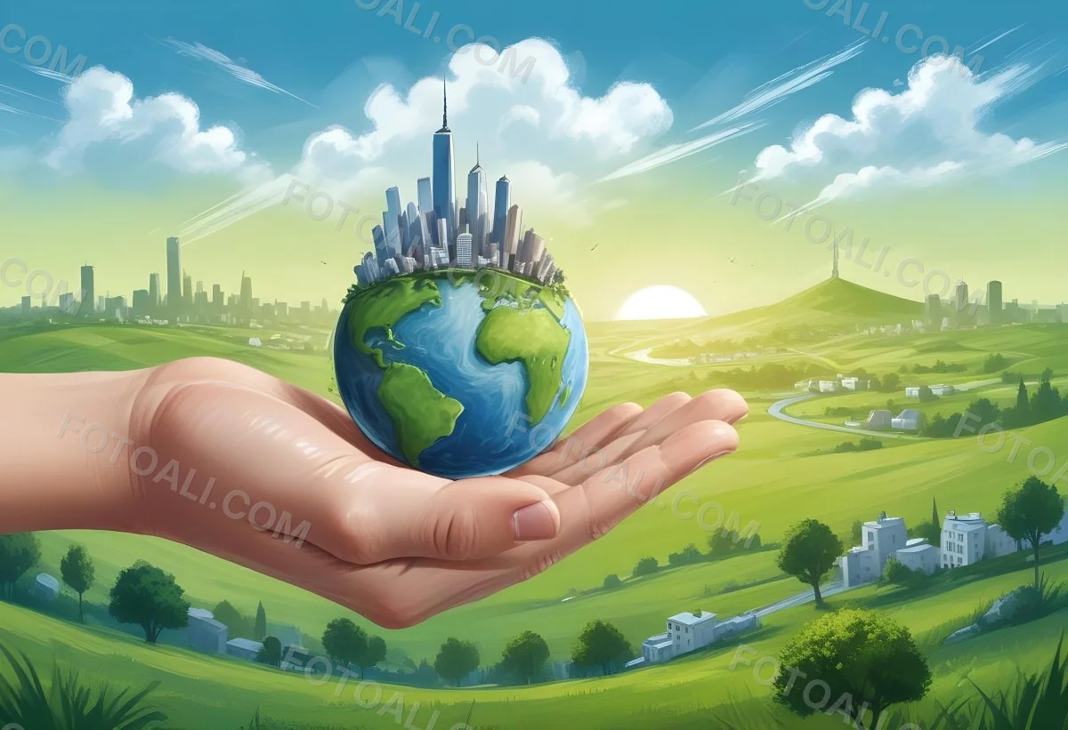 A Hand Holding A Half Earth With A City On Top In A Green Field With A Blue Sky And Some Drawings 3 63a6