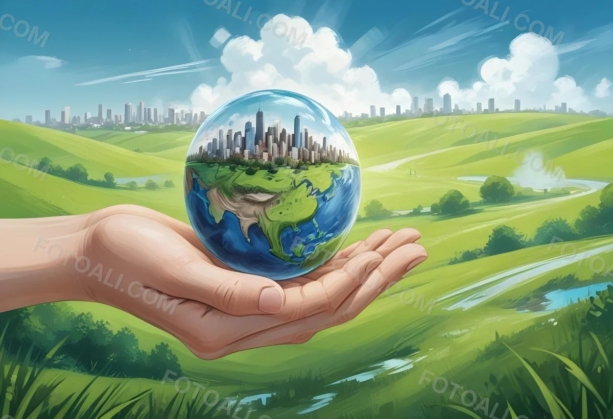A Hand Holding A Half Earth With A City On Top In A Green Field With A Blue Sky And Some Drawings 4 5adb