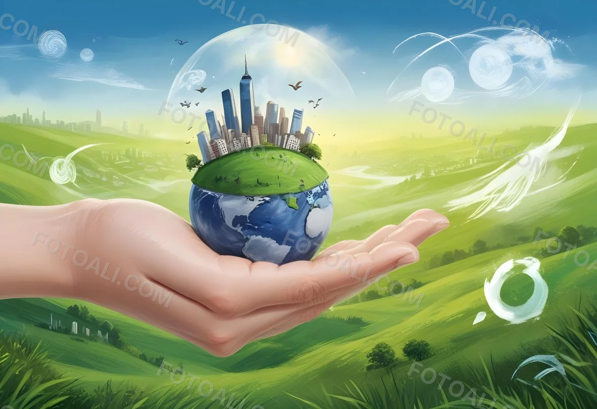 A Hand Holding A Half Earth With A City On Top In A Green Field With A Blue Sky And Some Drawings 5 9114