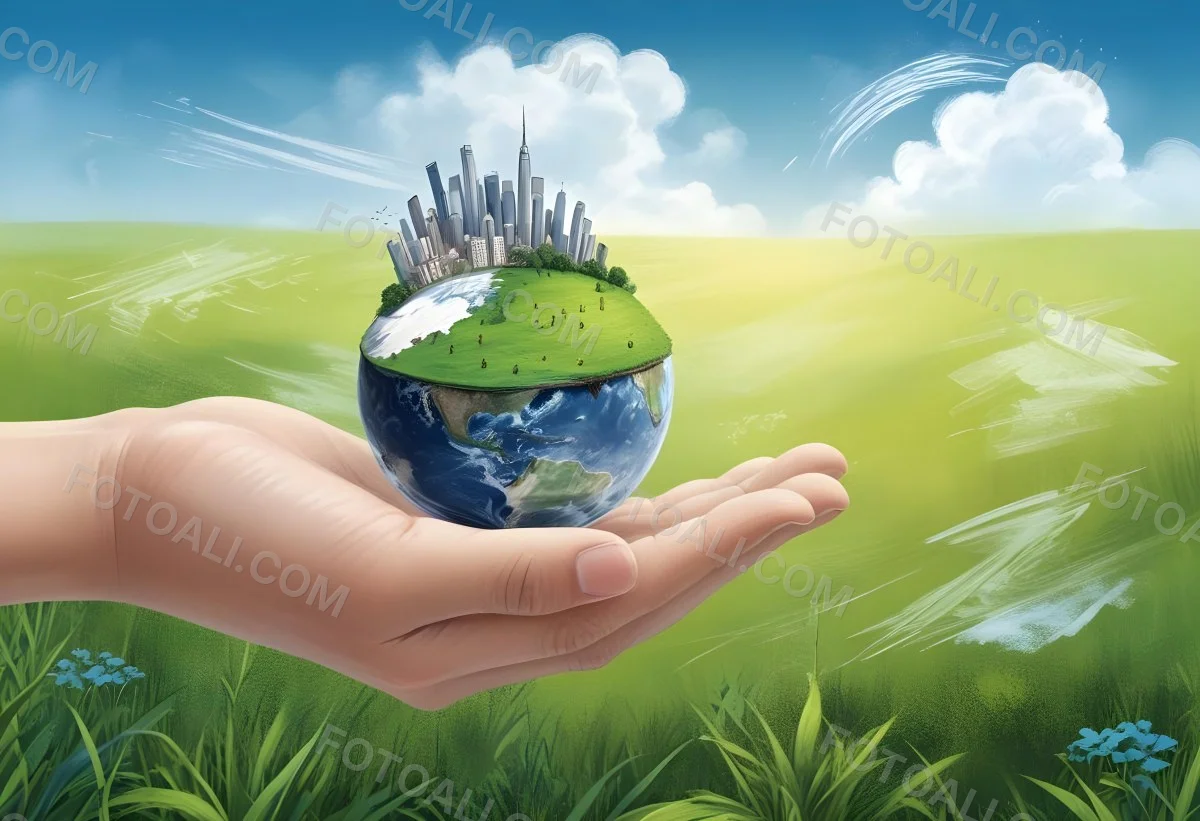 A Hand Holding A Half Earth With A City On Top In A Green Field With A Blue Sky And Some Drawings 6 E327